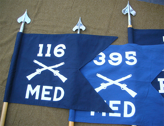  Left: Guidon, Medical Detachment, 116th Infantry Regiment, 29th Infantry Division (Campaign credits; Normandy, Northern France, Rhineland, Central Europe). Right: Guidon, Medical Detachment, 395th Infantry Regiment, 99th Infantry Division (Campaign credits: Rhineland, Ardennes-Alsace, Central Europe).