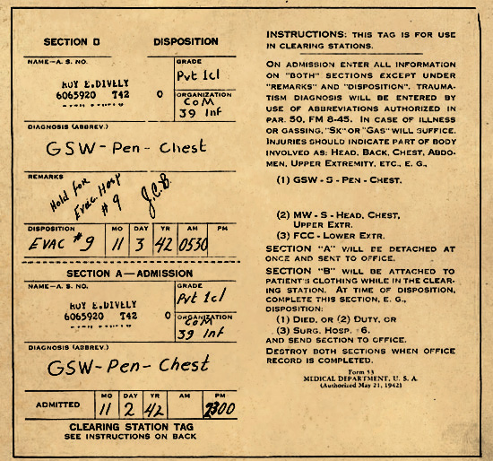 Illustration showing obverse and reverse parts of a Clearing Station Tag, Medical Department Form 53.