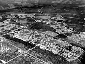 Aerial view of Camp McCoy, Sparta, Wisconsin, the largest holding facility for Japanese Prisoners of War in the Zone of Interior (this camp housed both relocated Japanese-Americans from the West Coast, as well as German, Italian, and Japanese PWs captured during WW2). 