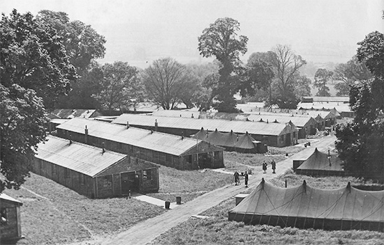Partial aerial view of the grounds illustrating the hutments and tents occupied by the 74th General Hospital (Hospital Plant # 4165) while stationed at Tyntesfield, Somerset England. Courtesy Gregory Sobieski.