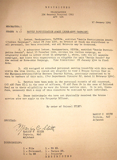 Copy of Memorandum Letter No. 4, dated January 17, 1945, dealing with Battle Participation Awards related to the Italian Campaign.
