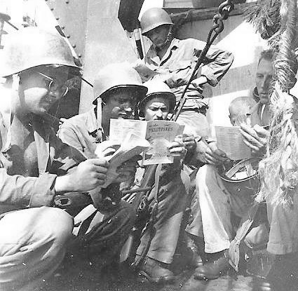 Personnel of the 603d Medical Clearing Company aboard APA-12 "Leonard Wood" on their way to Leyte Island, Philippines, October 1944. 