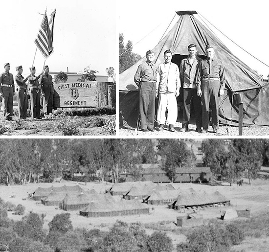 Top Left: Official Flag Ceremony, 1st Medical Regiment, La Mesa, California, December 1942. Top Right: Picture of Pat Corbett, two patients, and Glenn E. Turner, in front of a M-1934 Pyramidal Tent, D Company, 1st Medical Regiment, La Mesa, California, December 1942. Bottom: 1st Medical Regiment set up under tentage at La Mesa, California, some time in 1942.