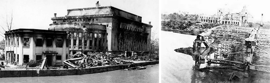 Left: View of the destroyed Post Office building in Manila, Capital city of the Philippines. Right: View of one of the destroyed bridges over the Pasig River. Both pictures taken May-June 1945.