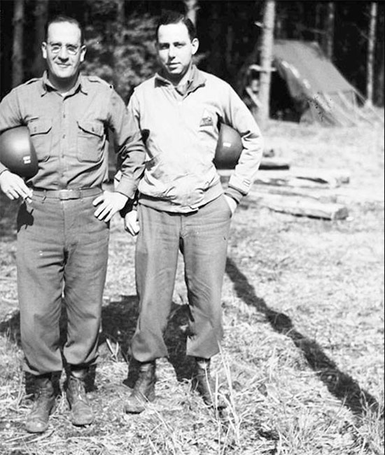 Photo illustrating Captain Isadore "Doc Shechner, MC (left) together with an unidentified Officer of the 70th Tank Battalion (copyright Roberts Armory, via Michael A. Krizsanitz). 