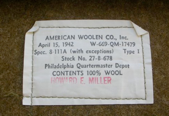 QM Stock No 27-B-678 - Blanket, Olive Drab manufactured by American Woolen Co., Inc.
