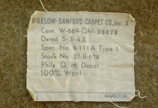 Type I Olive Drab Wool Blanket manufactured by Bigelow-Sanford Carpet Company, Inc.