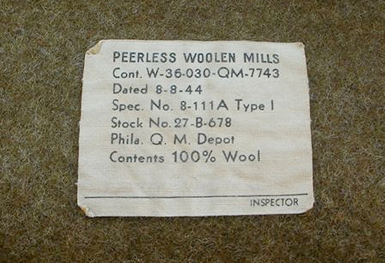 Type I Olive Drab Wool Blanket manufactured by Peerless Woolen Mills.