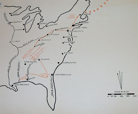 Map of the eastcoast of the United States illustrating the various stages of movement effected by the 5th Evacuation Hospital in the Zone of Interior from activation to departure for overseas (15 June 1942 > 6 December 1943).