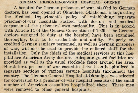 Copy of a 1944 local publication announcing the establishment of a German PW Hospital at Glennan General Hospital, Okmulgee, Oklahoma. 