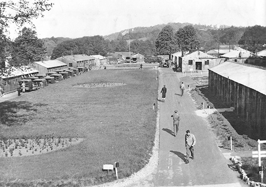 Summer 1944, 74th General Hospital installations at Tyntesfield, Somerset, England. View of main thoroughfare and partial view of the Motorpool at left (see parked vehicles). Courtesy Gregory Sobieski.