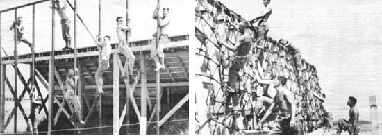 Typical examples of some of the exercises included in 'general training' of units bound for overseas operations. At left, personnel negotiating some aspects of the obstacle course. At right, men using nets for ship boarding and debarkation exercises.