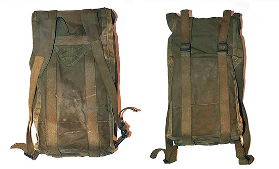 Front and rear views of the special Bag issued to members of the 4th Infantry Division Medical Detachment on D-Day. Note the large adjusting straps running along the Bag, and the integrated Suspender-style shoulder straps.