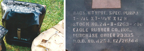Left: llustration of Bag, Waterproof, Special Purpose, QMC Stock No. 24-B-1265-250. Right: Illustration showing white stenciled markings on cover of Bag, Waterproof, Special Purpose, QMC Stock No. 24-B-1263-200.