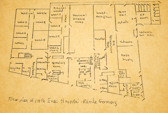 Illustration prepared by an unidentified member of the unit showing the floor plan of the 114th Evacuation Hospital's facility in Rheda, Germany.