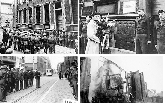 Ceremony in honor of the 15th General Hospital's dead killed by a V-1 flying bomb 24 November 1944, while operating in Liège, Belgium. Top left: Delegation of the 15th General Hospital, Belgian Army Officers, and City Officials during dedication of a plaque related to the incident. Top right: Wreaths are being presented. Bottom left: the 15th General Hospital's Chaplain prepares his obituary. Bottom right: Some of the destructions caused in the City of Liège by German flying bombs.