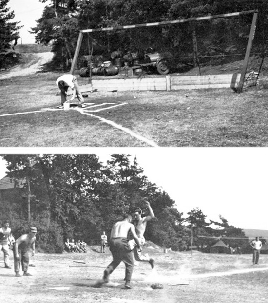 48th Field Hospital. Baseball Diamond field in action somewhere in Germany. The man in charge of drill, physical fitness, and sports such as baseball was Sergeant Ralph L. Quesinberry, nicknamed "Coach Q" (after the war he would join Ohio High School as Football coach).