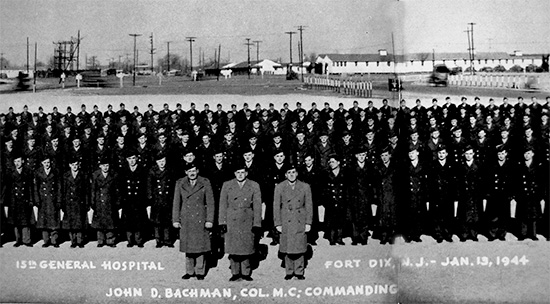 Official Dress Formation illustrating Colonel John P. Bachman in front of his unit. Photo taken at Fort Dix, Wrightstown, New Jersey, 13 January 1944. 