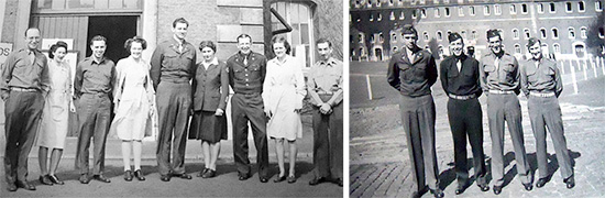 Left: Leisure time; some Medical or Surgical Officers, Army Nurses, and American Red Cross Workers, serving with the 15th General Hospital. Right: Four Officers of the 15th General Hospital. Photo taken in Liège, Belgium, during the organization's stay in the City.