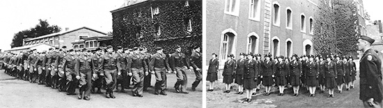 Left: Dress formation; Enlisted Men of the 15th General Hospital, Liège, Belgium.  Right: Same formation; ANC Officers of the 15th General Hospital, Liège, Belgium