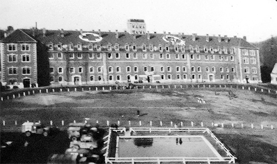 General view of the 15th General Hospital buildings, while stationed in Liège, Belgium. 