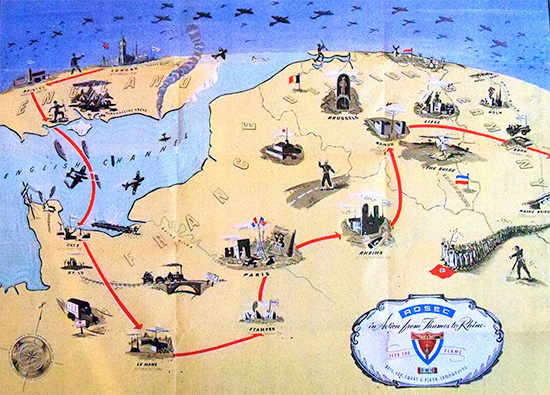 ADSEC Map illustrating the the progress of the "Advance Section, Communications Zone" (Commanding Officer; Brigadier General Erwart G. Plank) and its role in the Invasion of Hitler's Fortress Europe. Some of the "service" units operating under ADSEC, ComZ, included the 15th - 16th - 28th - 56th - 130th and 298th General Hospitals; the 7th - 9th - and 12th Field Hospitals; as well as the 77th Evacuation Hospital. Moreover they also included numerous Engineer, Maintenance, Ordnance, Port, Quartermaster, Railway, and Signal outfits. The organization proudly earned its battle stars for the Campaigns in Normandy, Northern France, and Central Europe. 