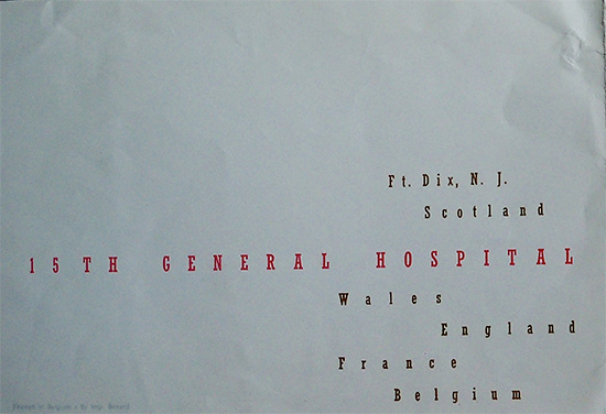 Christmas 1944 Card and Menu presented to the staff and personnel of the 15th General Hospital (the menu consisted of; fruit cocktail – roast turkey with giblet gravy – sage dressing – washed white potatoes – baked sweet potatoes – buttered asparagus – cranberry jelly – carrot strips – mince meat pie – apple pie – hot rolls – butter – coffee with cream – hard candy – apples – and a “Christmas Surprise” package). 
