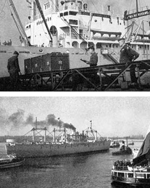 Top: The last casket is checked aboard the USS Transport Joseph V. Connolly – first US war dead are being repatriated from Belgium to the United States… Bottom: US Army Transport Joseph V. Connolly, leaving Antwerp Port, bearing the remains of 5,600 American war dead on their way to the United States Antwerp, Belgium – October 1947