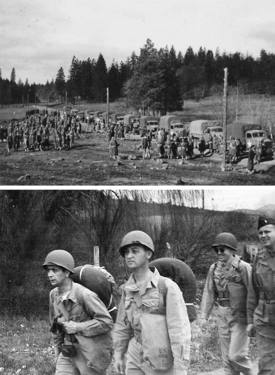 Top: 82d General Hospital. Training at Camp White, Medford, Oregon and area: map reading and compass training. Bottom: 82d General Hospital. Training at Camp White, Medford, Oregon and area: physical endurance.