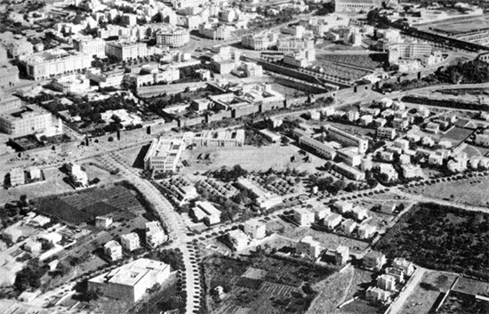 Aerial view showing the unit's facility in Rabat, North Africa. The complex was encircled by a large athletic field shown in the centre of the photograph.