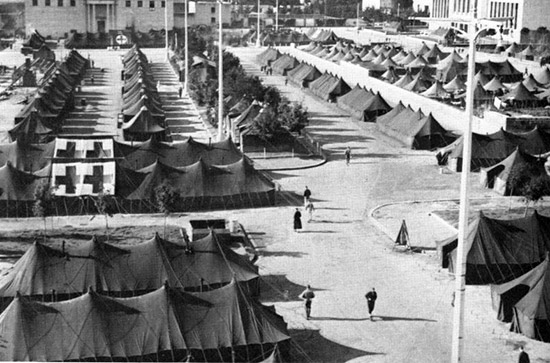 Aerial view showing Ward Tents that were erected in the Detachment area at Naples. These tents were used to house almost half of the patients at any one time. 