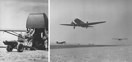 82d Airborne troops training with C-47 transport aircraft and CG-4A gliders while at Oujda. The 95th Evac was bivouacked near the airborne troops, rendering the necessary medical support and witnessing many practice parachute jumps with numerous casualties.   