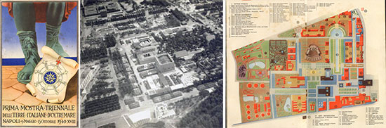 Left: Vintage booklet announcing the "First Triennial Exhibition of Italian Overseas Territories", held from 9 May to 15 October 1940 at Bagnoli, near Naples, Italy. Center: Partial aerial view of the US Army Medical Center set up on the Fair (Mostra) grounds.  Right: Vintage Map illustrating the different sectors of the Exhibition. 