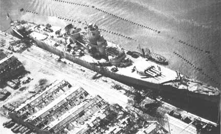 Aerial view of the docked French Battleship "Jean Bart", later severely damaged by Allied air and naval forces 8 November 1942, during Operation "Torch", the landing in North Africa. 