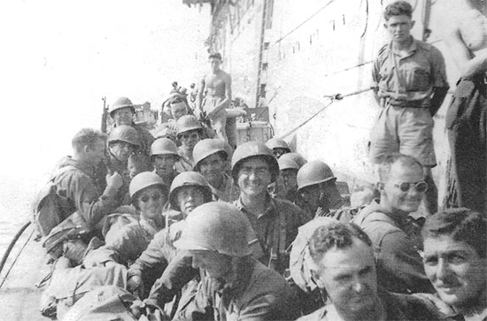 95th Evacuation Hospital personnel having been transferred onto a landing craft are ready and on their way to the landing beach. The picture was taken during Operation "Avalanche", 9 September 1943, the Allied landing at Salerno, Italy.