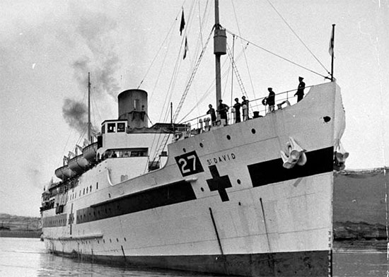 Picture illustrating the British Hospital Ship "St. David". John Daly, CBS correspondent, reported that the Germans deliberately bombed 3 British Hospital Ships off Anzio Bay on 24 January 1944. Although fully lighted up as required by the Geneva Convention, HMHS "St. Andrew", HMHS "Leinster", and HMHS "St. David" were bombed and strafed. HMHS "St. David" was sunk as a result of the attack while HMHS "Leinster was set on fire. 