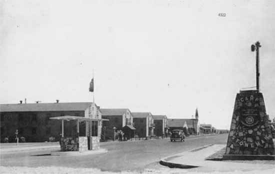 Photograph showing the main entrance gate to Camp Stoneman, California. 