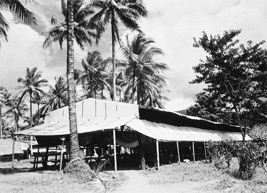 Exterior view of a ward at the 1st Field Hospital. Photograph taken at Milne Bay, New Guinea in 1943.
