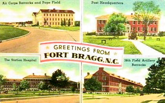 Vintage souvenir postcard of Fort Bragg, Fayetteville, North Carolina. This was the Post where the 27th Station Hospital was officially activated on 5 May 1942 as part of the “Provisional Hospital Training Center”.