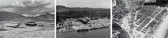 From L to R: Tontouta Airfield, Nouméa, New Caledonia, August 1943; aerial view of the central part of Nouméa and harbor, New Caledonia, March 1943; aerial view of the 27th Station Hospital, Nouméa, New Caledonia, February 1943. 