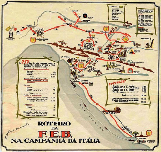 Road Book Map illustrating the Italian Campaign of the Brazilian Expeditionary Force (B.E.F.). The Força Expedicionària Brasileira consisted of about 25,700 men and women who fought alongside the Allies in Italy from September 1944 to May 1945. The B.E.F was commanded by General Mascarenhas de Moraes.