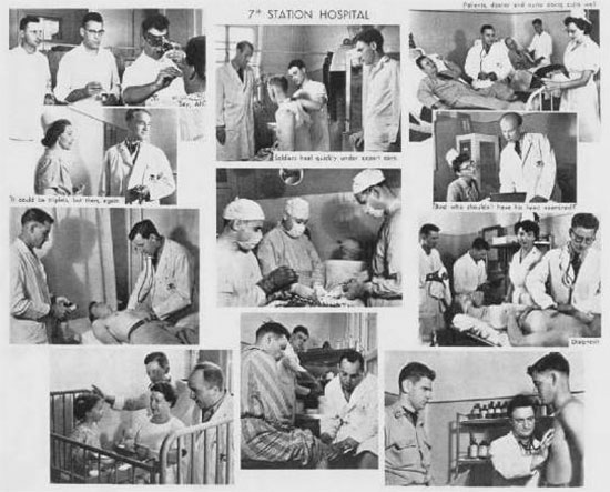 Collage illustrating the various aspects of medical and other activities conducted by the 7th Station Hospital, while serving with “TRUST” in Italy.