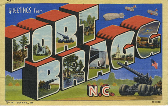 Vintage linen postcard offering greetings from Fort Bragg, activation place of the 117th Evacuation Hospital. 