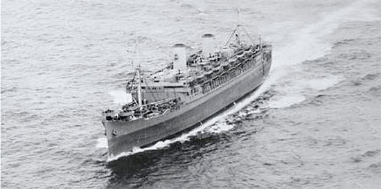 Aerial port bow view of SS Mariposa, the vessel which carried staff and equipment from the 117th across the Atlantic to France. 