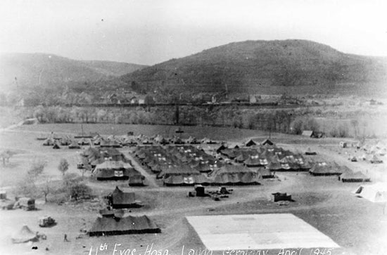 Partial aerial view of the 11th Evac Hosp complex in Lauda, Germany. Photograph taken in April 1945. 