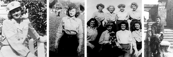 From L to R: Picture of 1st Lieutenant Betty J. Flanagan in white dress uniform before leaving for the European Theater; 1st Lieutenant Betty J. Flanagan, ANC, at Moosburg, Stalag VII-A, Germany, May 1945; group picture of ANC Officers, with 1st Lt. Betty J. Flanagan, bottom row, far right, taken while stationed near Moosburg, 16 May 1945; another picture of 1st Lieutenant Betty J. Flanagan in front of KZ Mauthausen, Austria, around May-June 1945. All pictures courtesy Anne M. Kutchmire.