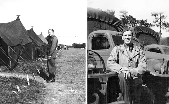 Left: Picture of Captain James Howell, MC, taken while the Hospital was stationed at Camp McPherson, ZI, between January and September 1943. Right: Picture of Private First Class Ralph K. Sellers, at the Motor Pool, Camp McPherson, ZI. 