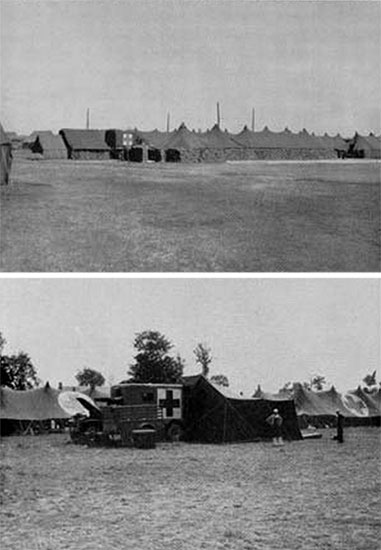 Top: Overview of the sandbagged surgical area which was established at the 50th Field Hospital. Also of interest is the Mobile X-Ray Unit in the background (truck adorned with Geneva Convention markings). Bottom: Photograph showing a Surgical Truck complete with Tent (Stock No. 24-T-321-40) at the 50th Field Hospital’s complex in Weymouth, England. Photograph taken June 1944.