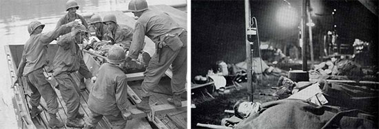 Left: Medical Detachment personnel evacuating a litter patient by small boat across a river. Right: View of a shock ward inside a Hospital Ward tent.