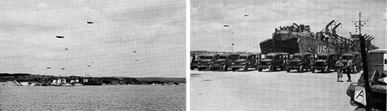 Barrage balloons protecting Portland area and Weymouth against enemy air raids. Row of 3/4-ton ambulances at Weymouth docks awaiting arrival of casualties from D-Day fighting in France.